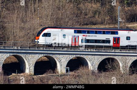 Ein SBB IR-Dosto, SBB Rabe 512, fährt über ein kleines Viadukt oberhalb des Rheinfalls. (Laufen-Uhwiesen, Schweiz, 03.02.2024) Stockfoto