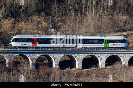 Ein Zug der Firma Thurbo ein Stadler Gelenkstriebwagen GTW fährt auf einem kleinen Viadukt oberhalb des Rheinfalls. (Laufen-Uhwiesen, Schweiz, 03.02.2 Stockfoto