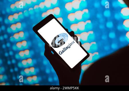 In dieser Fotoabbildung wird das Arthur J. Gallagher (AJG) Logo auf einem Smartphone-Bildschirm angezeigt. Stockfoto