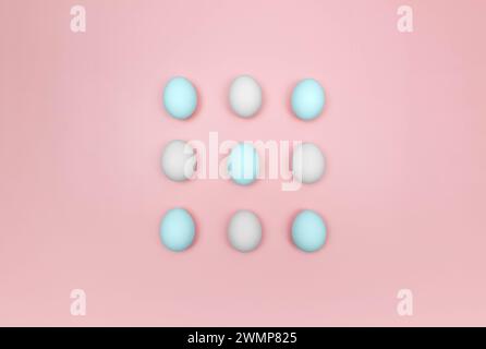 Blick von oben auf weiße und blaue Eier auf rosafarbenem Hintergrund. Kreative osterkomposition, Flat Lay, Kopierraum. Frühling, modern und minimalistisch. Stockfoto