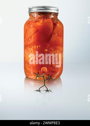 Menschenähnliche Kirschtomaten stehen vor einem Glas Tomatenkonserven auf weißem Hintergrund; Studio-Aufnahme Stockfoto