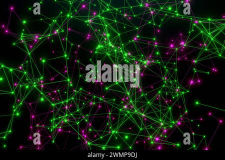 Plexus- oder Polygonnetzwerk in violett und grün. Polygonnetzwerk in violett und grün. Abstrakter Plexus, Wissenschaft, Verbindungen, Draht, System und digitales GE Stockfoto
