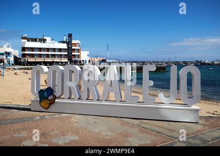 Namensschild Corralejo am Strand playa corralejo, fuerteventura, Kanarische Inseln, spanien Stockfoto