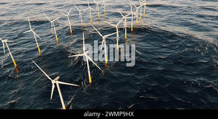 Windturbinen, Offshore-Park, Stromerzeugung im Meer. Windturbinen im Meer tagsüber. Offshore-Windpark, Stromerzeugung im Meer. Erneuern Stockfoto