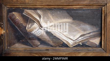 Wand- und Holzölgemälde, 1855 von Filippo Balbi (1806–1890). Details zu Büchern. Nationales Römisches Museum (Diokletianbäder). Rom. Italien. Stockfoto