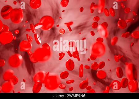 Blutzellen, die durch die Vene fließen. Blutzellen, die durch die Vene fließen. Hämoglobin, Blutkörperchen, Blutkreislauf, Arterien, Blutplasma. 3D-Abbildung Stockfoto