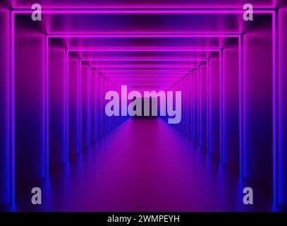 Blauer, violetter Neontunnel. Flur mit blau leuchtender Leuchtstofflampe. Stock Vektor