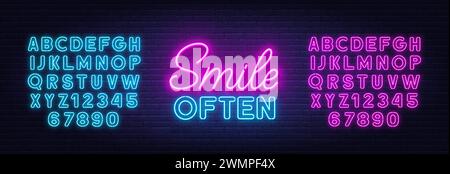 Lächeln Sie oft Neonbeschriftungen auf Backsteinmauern Stock Vektor