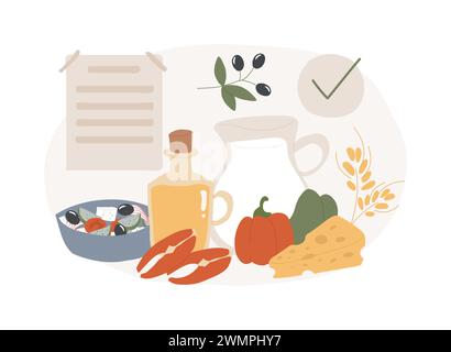 Mediterrane Ernährung isolierte Konzeptvektorillustration. Gesunder Lebensstil, italienische Küche, griechischer Salat, Kochzutaten, Olivenöl, Restaurant-Menü, Meeresfisch, Bio-Lebensmittel Vektor-Konzept. Stock Vektor