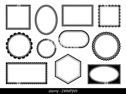 Muschelrand Spitzen Rahmen und Grenzen, Rüschenbänder und Stoff Ornament Muster, Vektor Set. Rahmen mit Muschelmuster und Vintage-Silhouetten mit Blumenausschnitt und leeren Hintergründen Stock Vektor