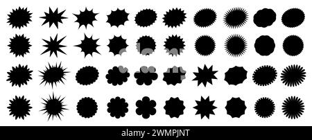 Schwarze Starburst-Verkaufspreissiegel, Aufkleber und Etiketten für Callout und Splash, Vektorsternrosetten. Ovale und Sonnenschliff-, Stempel- und Etikettenschilder für Preisförderungsetiketten oder Sonderrabatte Stock Vektor