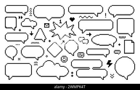 8-Bit-Pixel-Sprechblasen und Nachrichtendialogfelder, Vektorsymbole für Computerspiele. Chat-Sprechblasen in 8-Bit-Pixelgrafik, Nachrichtenwolken, Liebesherz und Briefumschlag mit Pfeilsymbolen in Pixellinie Stock Vektor