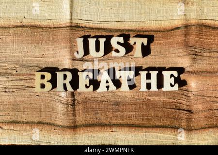 Atmen Sie einfach ein, Wörter in hölzernen Buchstaben isoliert auf natürlichen Holzmaserung Hintergrund als Banner Überschrift Stockfoto