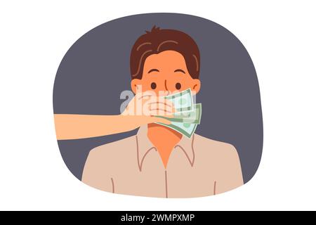 Decken Sie den Mund des Mannes mit den Händen ab, bestechen Sie Personen zum Schweigen oder verhindern Sie die Offenlegung geheimer Informationen Stock Vektor