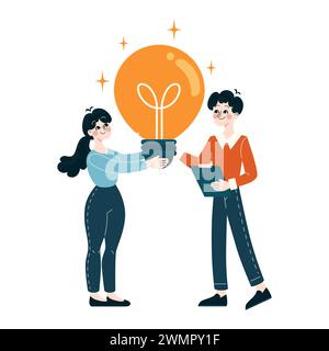 Konzept der Idee zur Zusammenarbeit. Zwei Profis halten eine riesige Glühbirne, die gemeinsame Kreativität und Innovation symbolisiert. Teamwork, Partnerschaft und Brainstorming. Illustration des flachen Vektors Stock Vektor
