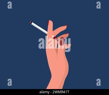 Die Hand der Frau hält ein Zigarettensymbol. Weiblicher Vektor mit roten Nägeln im Cartoon-Stil. Comic Girl Smoking Logo. Stock Vektor