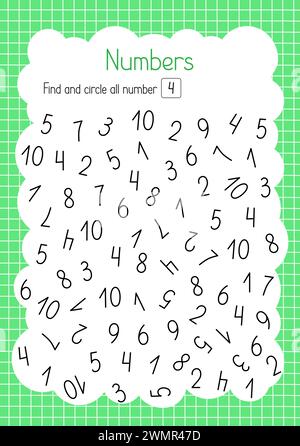 Finden und Kreisen Nummer vier einfache pädagogische Aktivität für Kinder, Umrisse Hand gezeichnete Vektor-Illustration, pädagogisches druckbares Arbeitsblatt, Freizeit Stock Vektor