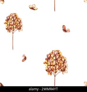 Nahtloses Muster mit Zweigen getrockneter Hortensie, Blumen und wildem Trockengras. Vintage Tapete im Boho-Stil mit Kräutern und Wildblumen. Blumengarten Stockfoto