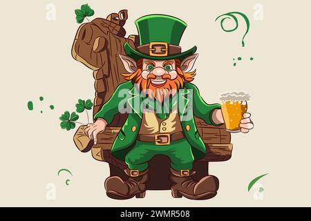 Ein Kobold in grünem Hut mit einem Glas Schaumbier in der Hand sitzt auf einem Stuhl aus einem Stumpf. Stock Vektor