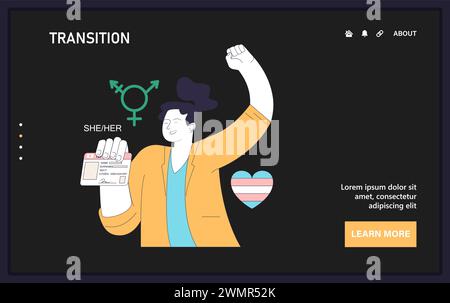 Gender Transition Web oder Landing. Bestätigung der Geschlechtsidentität. Befähigte Person zeigt stolz eine neue ID an. Rechte und Identität transferieren. Illustration des flachen Vektors Stock Vektor