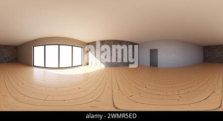 Leerer, moderner Raum mit Panoramafenstern und Hartholzböden zur Tageskarte 360 Panorama vr Stockfoto