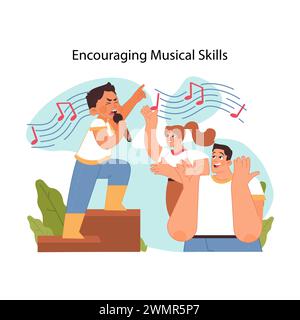 Musikalisches Entwicklungskonzept. Kinder begeisterte Auftritte und fröhliche Unterstützung der Familie, fördern musikalische Talente. Künstlerischer Selbstausdruck von Kindern. Illustration des flachen Vektors. Stock Vektor
