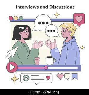 Konzept für Interviews und Diskussionen. Zwei Personen führten ein durchdachtes Gespräch in sozialen Medien. Perspektiven online teilen. Illustration des flachen Vektors. Stock Vektor