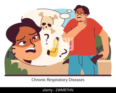Beunruhigung Der Atemwege. Visualisieren der Angst und Verwirrung im Zusammenhang mit chronischen Atemwegserkrankungen. Auswirkungen auf das tägliche Leben von Menschen. Illustration des flachen Vektors. Stock Vektor