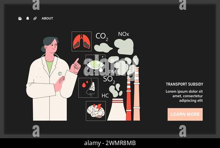 Gesundheitsrisiken durch Luftverschmutzung Dunkelheit oder Nachtmodus Web, Landung. Arzt, der gefährliche Auswirkungen von Fabrikemissionen auf die menschliche Gesundheit, einschließlich Lungen- und Augenschäden, vorstellt. Illustration des flachen Vektors. Stock Vektor