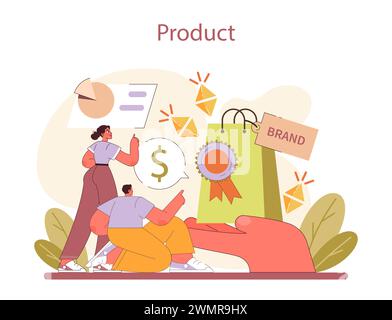 Produktentwicklungsprozess. Entwicklung und Wertschätzung der Markenidentität auf dem Markt. Einblicke in die Produktpositionierung. Illustration des flachen Vektors. Stock Vektor