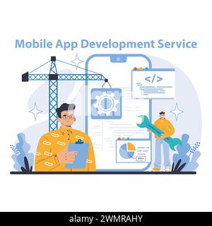 Internet Services Konzept. Entwicklungsservice Für Mobile Apps. Entwicklung innovativer mobiler Anwendungen mit benutzerorientierten Designs und Funktionen. Kundenspezifische Lösungen für verschiedene Plattformen. Stock Vektor