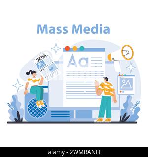 Massenmedien-Konzept. Die Entwicklung der Informationsverteilung und des Einflusses. Traditionelle und digitale Nachrichtensender. Öffentliches Kommunikationsspektrum. Illustration des flachen Vektors. Stock Vektor