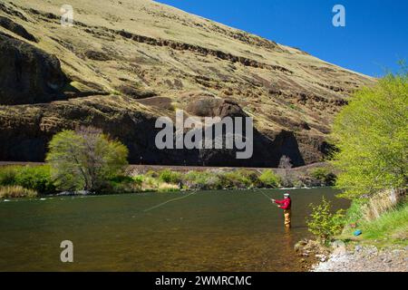 Flyfishing am Deschutes River, Deschutes Wild and Scenic River, Lower Deschutes National Back Country Byway, Oregon Stockfoto