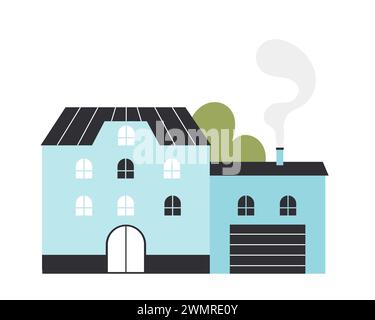Modernes, winziges Dorfhaus. Kleines Wohnhaus, Vorderansicht Gebäude mit Garage Cartoon Vektor Illustration Stock Vektor