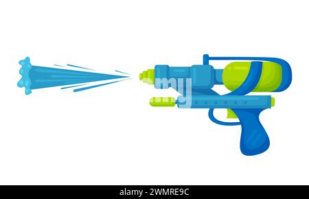 Schießen mit Wasserpistolen aus Kunststoff. Sommer-Wasserwaffe, Pistolenspielzeug-Cartoon-Vektor-Illustration Stock Vektor