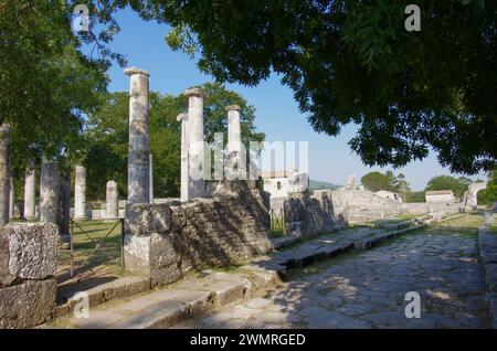 Archäologische Stätte von Altilia: Der Pflaster einer römischen Straße und Reste von Säulen, die zeigen, wo die Basilika einst stand. Sepino, Molise, Italien Stockfoto