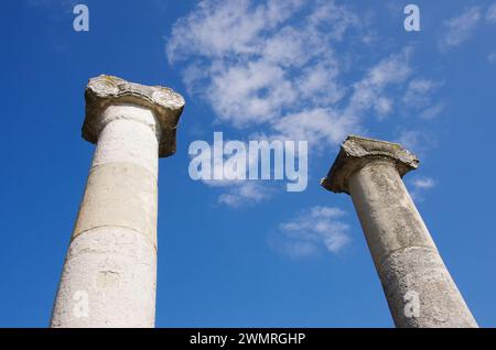 Altilia: Reste von Säulen aus der Römerzeit ragen vor dem blauen Himmel hervor. Molise, Italien Stockfoto