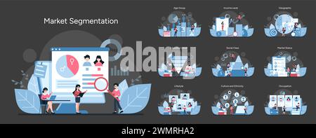 Marktsegmentierungsset. Detaillierte visuelle Anleitung zur Kategorisierung von Zielgruppen nach demografischen Daten und Verhalten. Beteiligt sich an Faktoren wie Alter, Einkommen, Bildung und Lebensstil. Vektorabbildung Stock Vektor