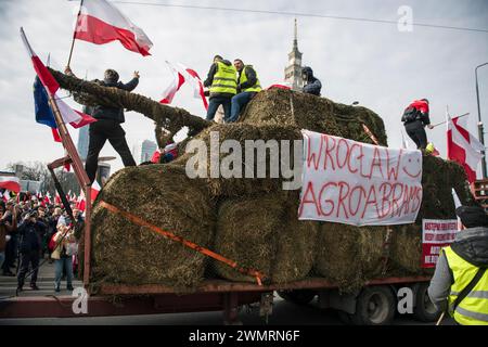 Die Bauern schwenken während des Protestes polnische Fahnen, Gesten und Schreie-Parolen. Die Landwirte marschierten in der Innenstadt von Warschau, um gegen die Agrarpolitik der Europäischen Union zu protestieren. Polnische Landwirte sind gegen die jüngste Entscheidung der Europäischen Kommission, den zollfreien Handel mit der Ukraine bis 2025 auszudehnen, sie wollen auch nicht die Umsetzung des EU-Grünen Deals, den Import billiger Agrarprodukte aus der Ukraine und fordern Unterstützung für die Tierzucht. Die Bauern brannten Flammen, zündeten Lagerfeuer auf den Straßen von Warschau an und es gab Streit mit der Polizei. (Foto: Attila Husejnow/SOPA Images/SIPA USA) Stockfoto