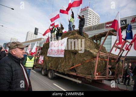 Die Bauern schwenken während des Protestes polnische Fahnen, Gesten und Schreie-Parolen. Die Landwirte marschierten in der Innenstadt von Warschau, um gegen die Agrarpolitik der Europäischen Union zu protestieren. Polnische Landwirte sind gegen die jüngste Entscheidung der Europäischen Kommission, den zollfreien Handel mit der Ukraine bis 2025 auszudehnen, sie wollen auch nicht die Umsetzung des EU-Grünen Deals, den Import billiger Agrarprodukte aus der Ukraine und fordern Unterstützung für die Tierzucht. Die Bauern brannten Flammen, zündeten Lagerfeuer auf den Straßen von Warschau an und es gab Streit mit der Polizei. (Foto: Attila Husejnow/SOPA Images/SIPA USA) Stockfoto