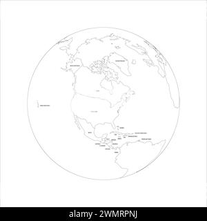 Politische Karte von Nordamerika. Dünne schwarze Umrisskarte mit Ländernamen auf weißem Hintergrund. Ortographische Projektion. Vektorabbildung Stock Vektor