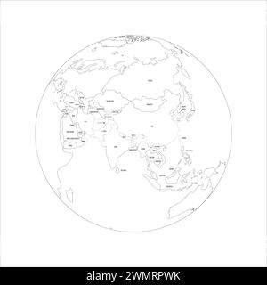 Politische Landkarte Asiens. Dünne schwarze Umrisskarte mit Ländernamen auf weißem Hintergrund. Ortographische Projektion. Vektorabbildung Stock Vektor