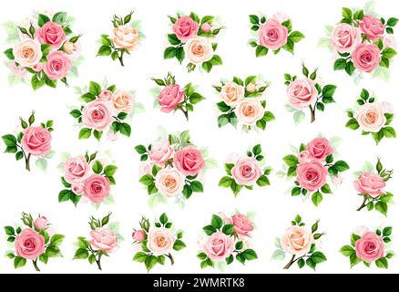 Rosafarbene und weiße Rosen. Großer Satz von Vektordesign-Elementen mit rosa und weißen Rosenblüten und grünen Blättern isoliert auf einem weißen Hintergrund Stock Vektor