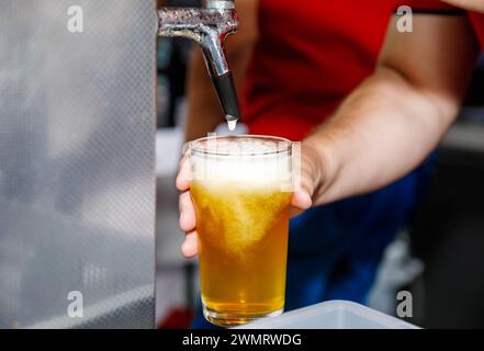 Bier wird aus dem Zapfhahn in ein Glas mit Schaum gegossen Stockfoto