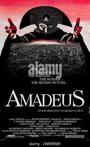 Amadeus (1984) unter der Regie von Milos Forman mit F. Murray Abraham, Tom Hulce und Elizabeth Berridge in den Hauptrollen. Preisgekrönte Adaption von Peter Shaffers Bühnenstück über Mozart, erzählt von seinem Komponisten Salieri, der zutiefst eifersüchtig auf Mozarts Genie war und behauptete, ihn ermordet zu haben. Foto eines Original-Posters aus dem Jahr 1984 (US-1-Blatt). ***NUR REDAKTIONELLE VERWENDUNG*** Credit: BFA / Orion Pictures Stockfoto