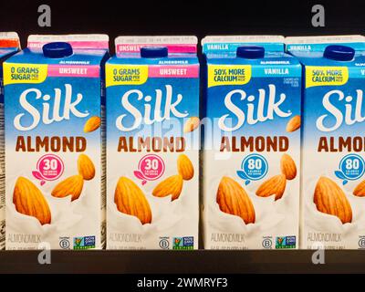 Houston, Texas USA 01-06-2022: Seidenmandelmilchkartons in einem Supermarktregal. Pflanzliches Milchersatzgetränk. Stockfoto