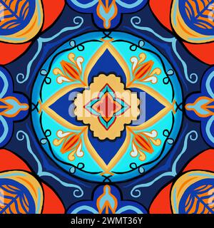 Nahtloses Muster mit Mandalas in Blau und Orange. Stockfoto