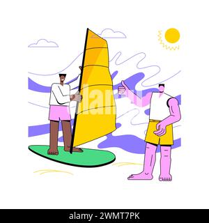 Versuchen Sie Windsurfen isolierte Cartoon-Vektor-Illustrationen. Mann studiert Windsurfen mit Lehrer, Sommerurlaub, Wassersport, Reisezeit, lernen grundlegende Techniken Vektor-Cartoon. Stock Vektor