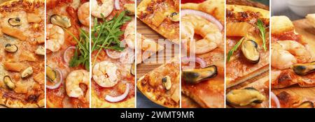 Collage mit leckerer Meeresfrüchtepizza, Nahaufnahme Stockfoto