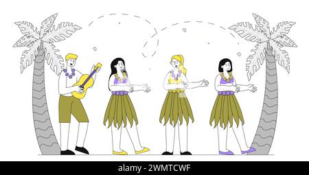 Hawaiianische Tänzer in der Nähe von Palmen Vektor-linear Stock Vektor